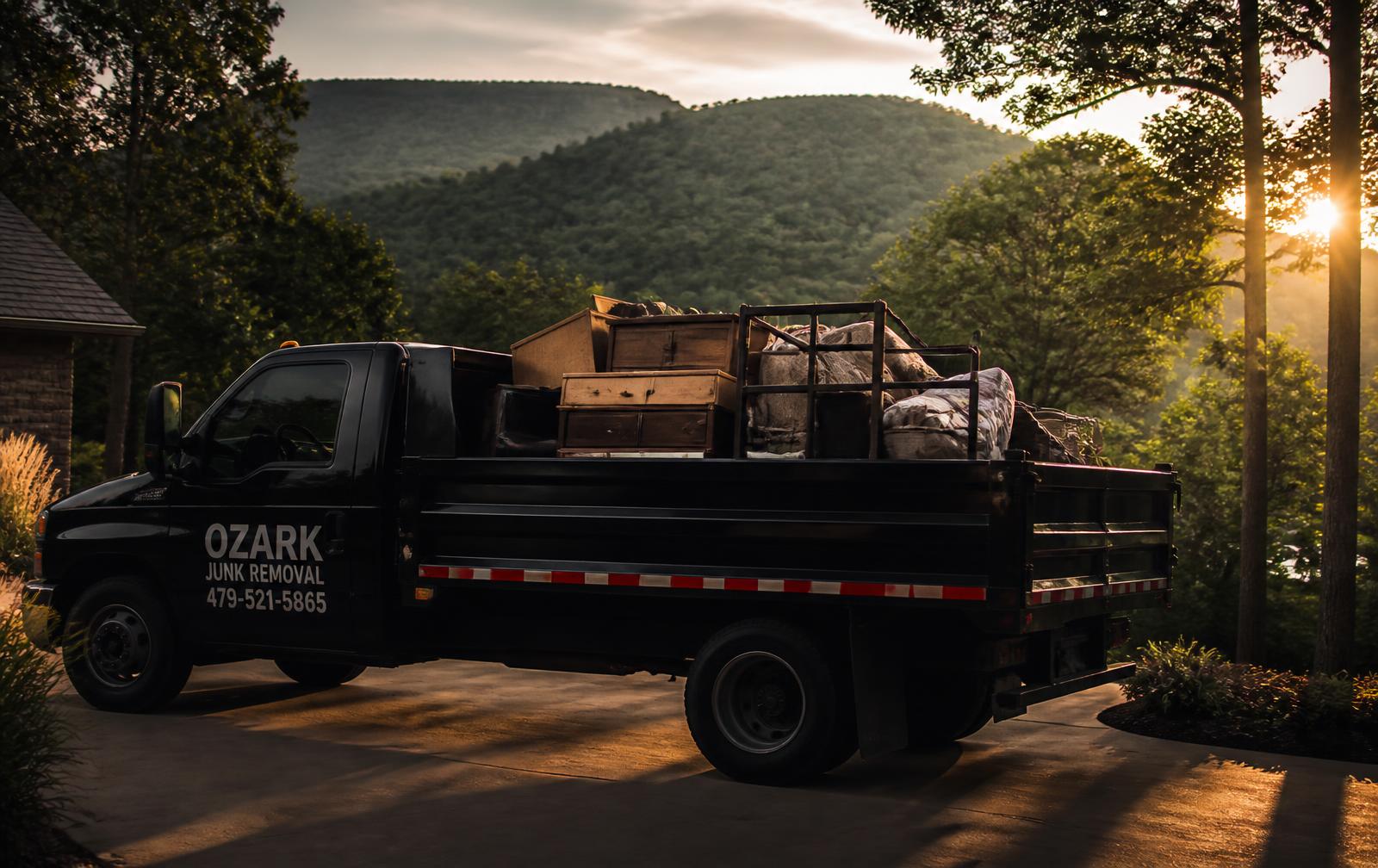 Ozark Junk Removal dump truck loaded with furniture on an Arkansas driveway